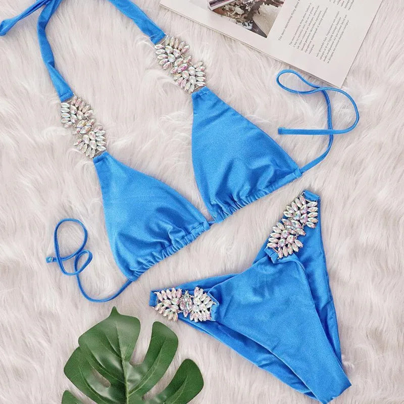 Glänzender Push-Up Bikini mit Strasssteinen – Sexy Zweiteiler für Damen, Strand & Pool